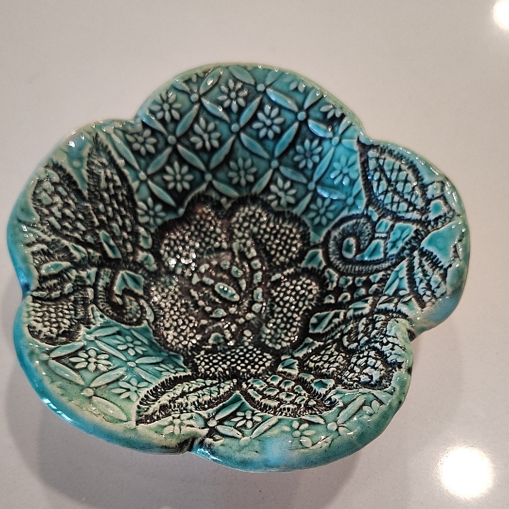 Handcrafted Turquoise Floral Ceramic Dish